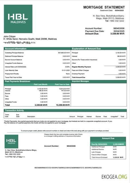 Modèle Word et PDF de relevé hypothécaire des Maldives Habib Bank Limited (HBL)